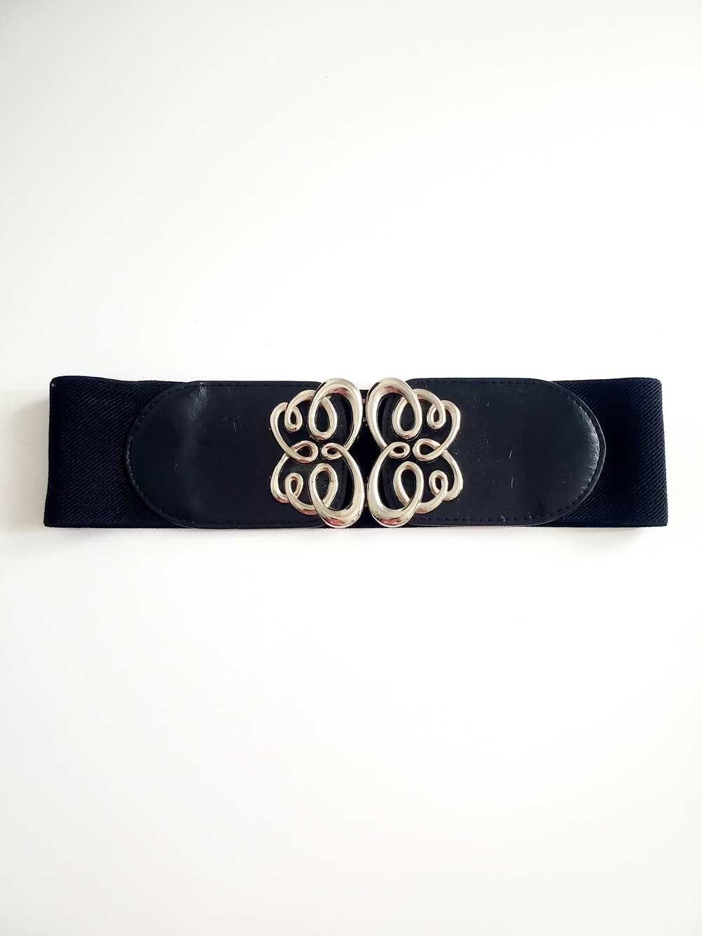 Ricki's Black Elastic Waist Belt with Silver Scroll Buckle